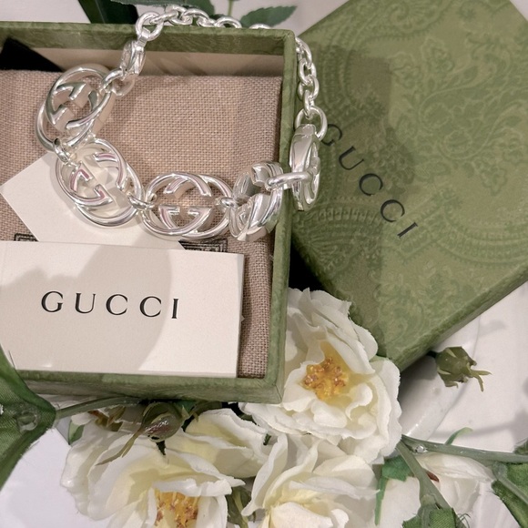NWT AUTHENTIC GUCCI "BRITT" G LOGO INTERLOCKING GG 925 SS BRACELET NIB - Picture 8 of 9